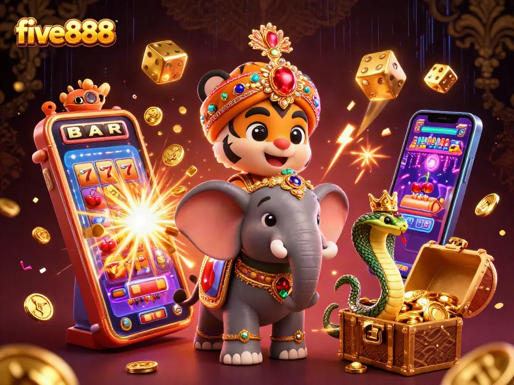 Experience thrilling wins at five888 with colorful slot machine explosions and rich gaming elements.