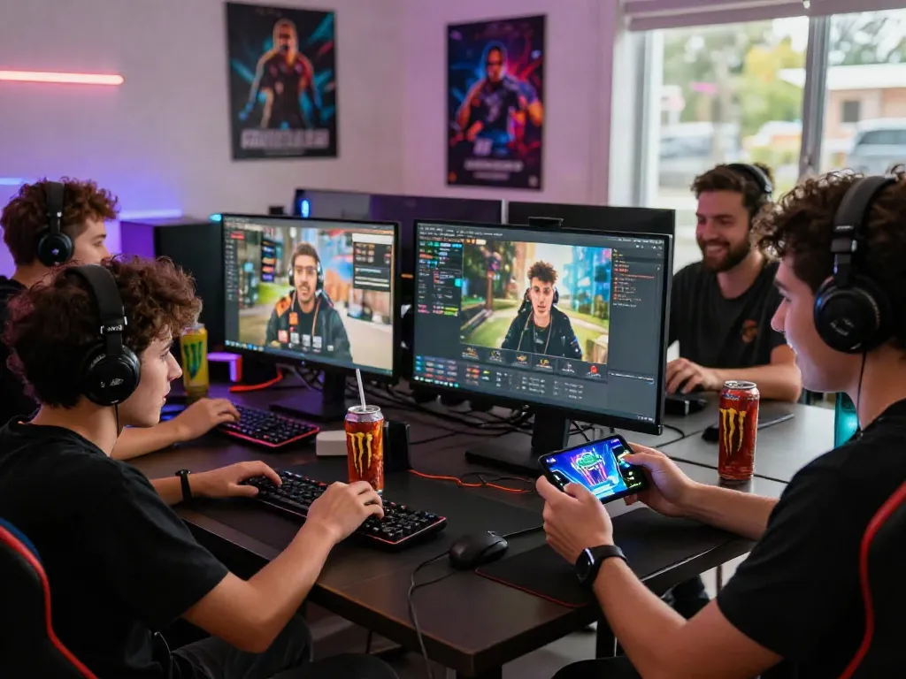 Exciting online gaming experience with players using ROKOK88 platform in a vibrant, cozy gaming room.