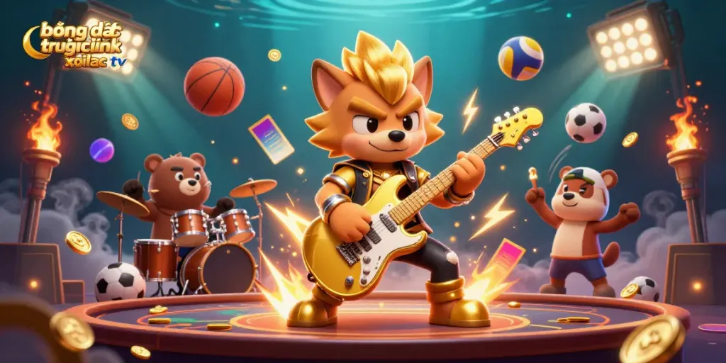 Experience thrilling bóng đá trực tuyến xoilac tv action with colorful 3D gambling elements in vibrant casino illustration.
