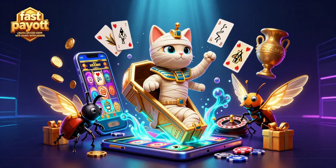 Experience fast payout casinos online with instant withdrawals with a dynamic casino scene featuring a mummy cat.