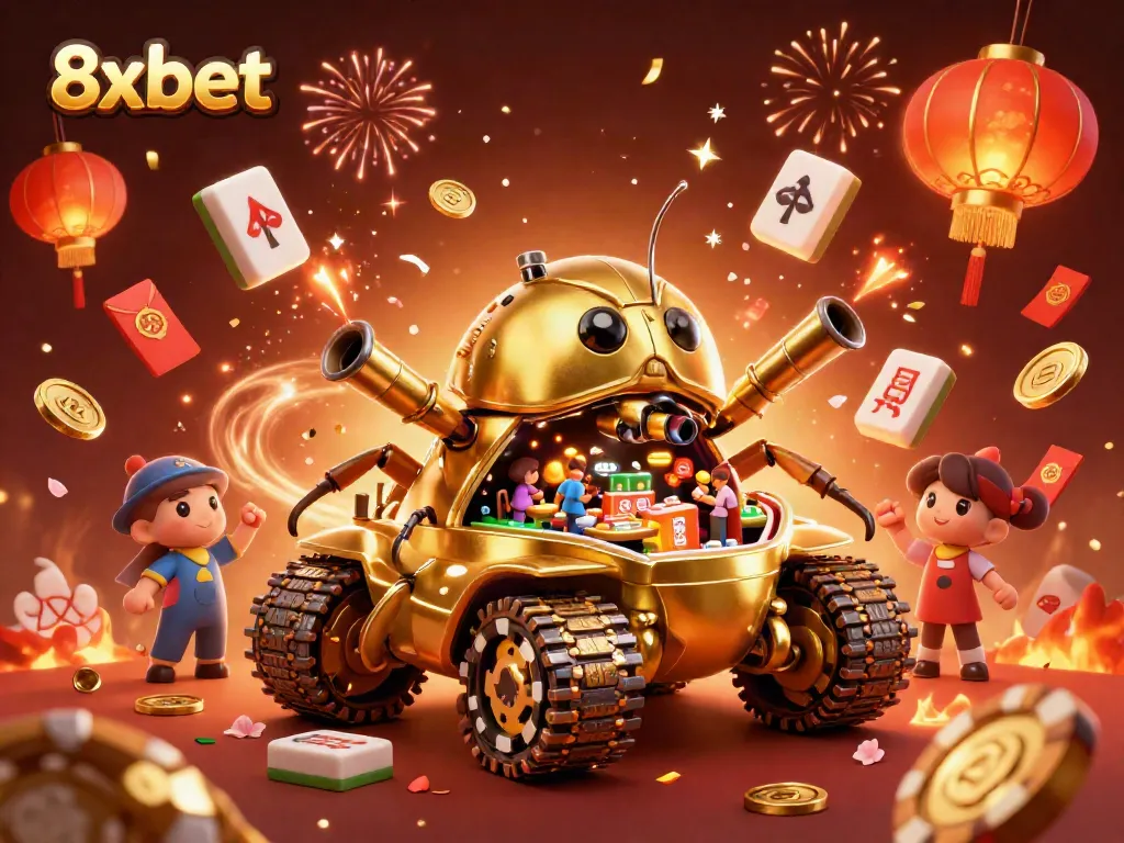 Experience the vibrant world of 8xbet with a golden beetle tank revealing a miniature casino, surrounded by festive decor.