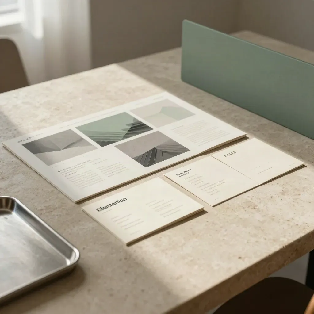Kommunikationsmaterial i audit-spread med webbmockup, broschyr och interna kort i mjukt ljus.