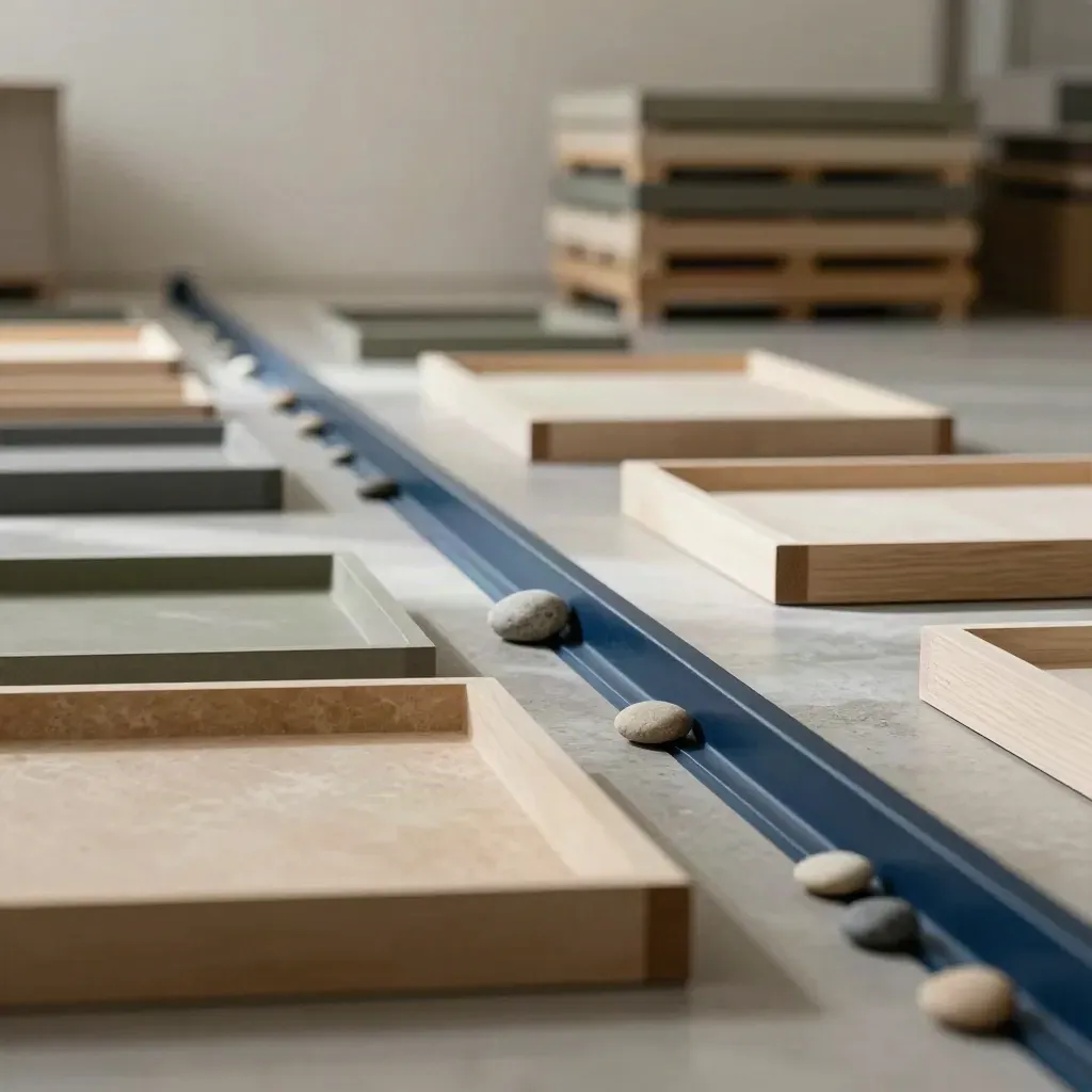 Modulära träblock och stenar i en tydlig processlinje på ett betonggolv i mjukt ljus.