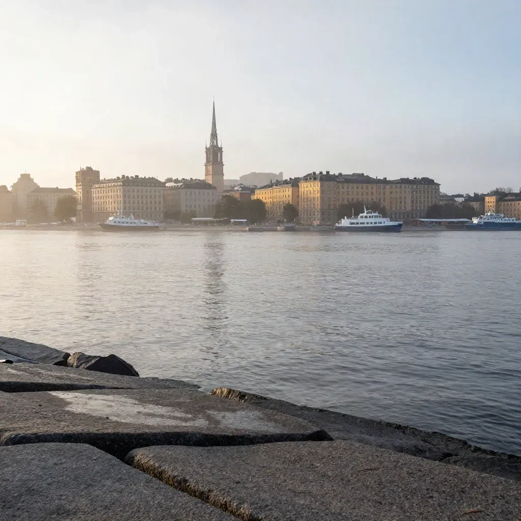 Stockholms skyline över Mälaren i morgondis, med lugnt vatten och granitstrand.