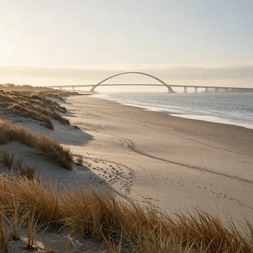 Öresundsbron högt i dis över ljusa sanddyner och stilla hav