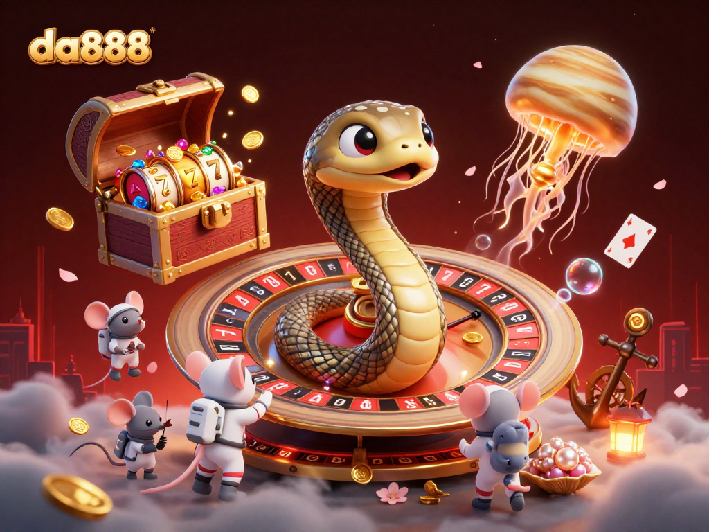 Engage with da888 in a vibrant casino scene featuring a Saturn ring snake and astronauts.