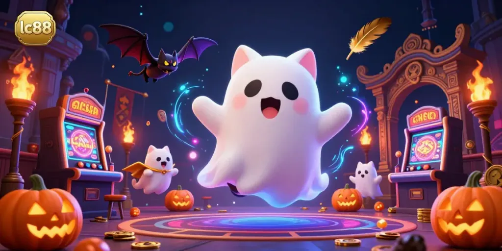 Experience thrilling gameplay at lc88 with a ghost cat exploring a vibrant haunted casino scene.
