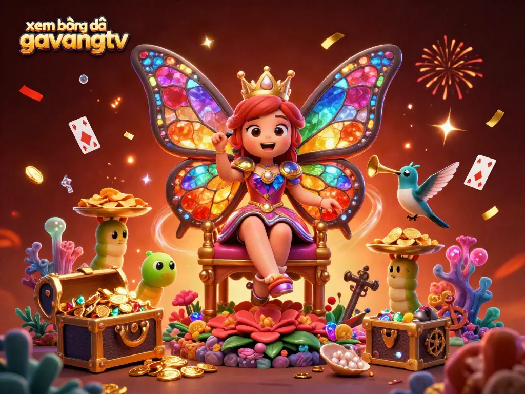Xem bóng đá gavangtv with a vibrant cartoon scene featuring a butterfly queen and gaming elements.