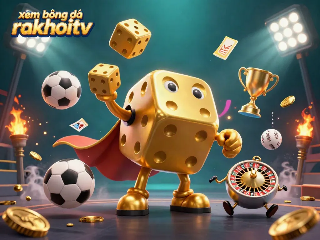 Experience xem bóng đá rakhoitv with an engaging 3D illustration featuring dynamic sports elements and character interaction.