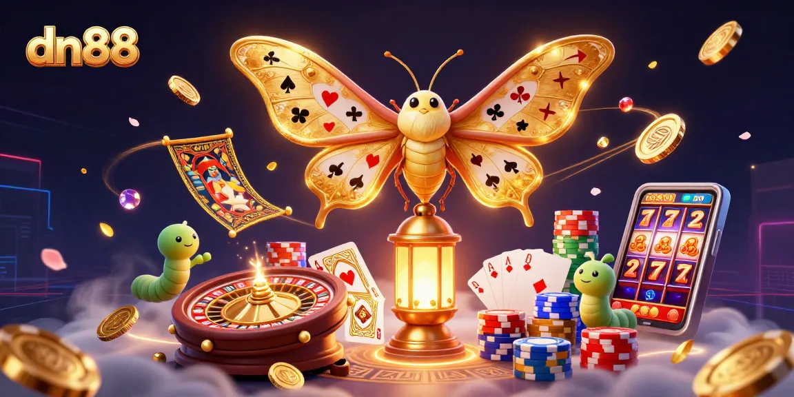 Experience thrilling gaming action with dn88, where golden moths and sparkling coins unite in a casino paradise.