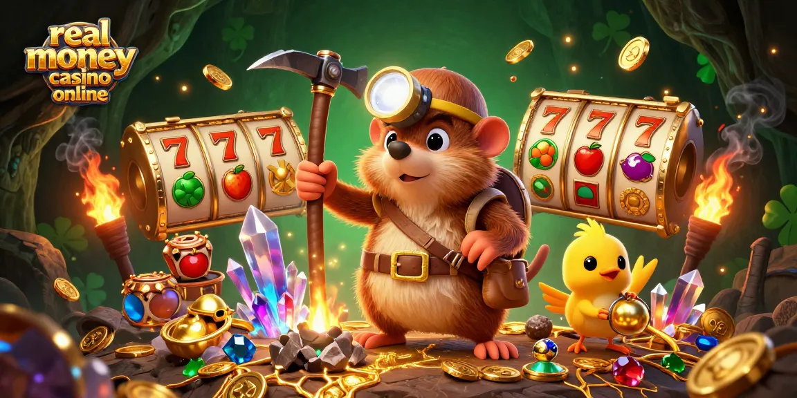 The mole and canary explore a treasure cave filled with slots and gems at a real money casino online.